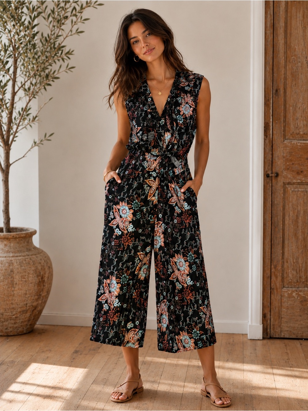Knox Rose Black Floral V-Neck Wide-Leg Jumpsuit